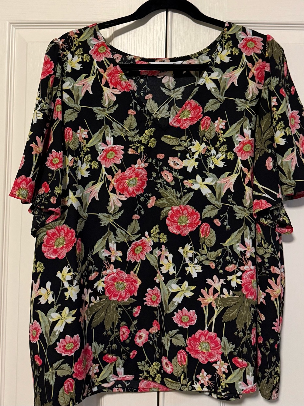 LC Lauren Conrad Black Floral Short Sleeve Blouse with Pink & Green Print